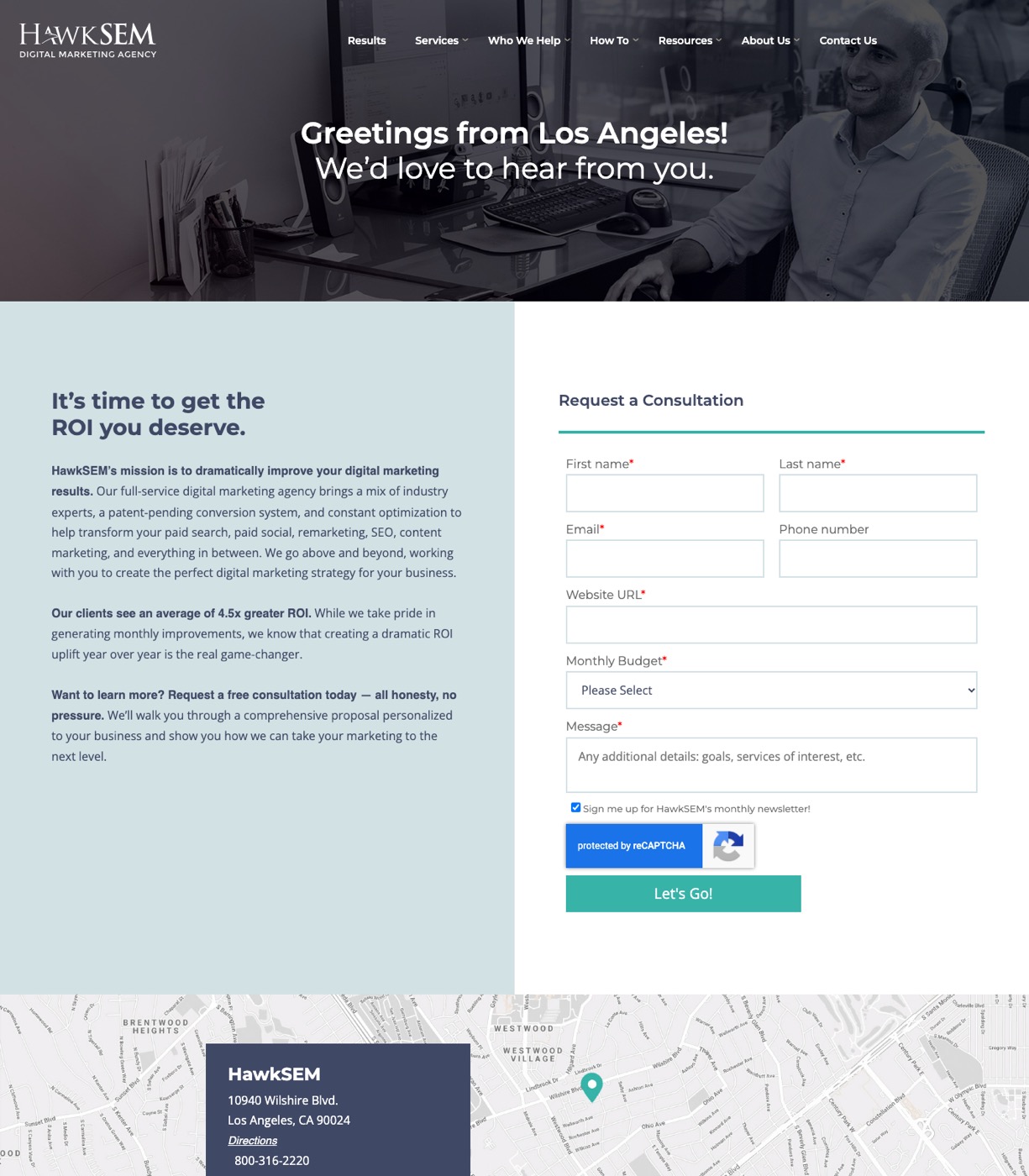 HawkSEM contact page with a free audit request form