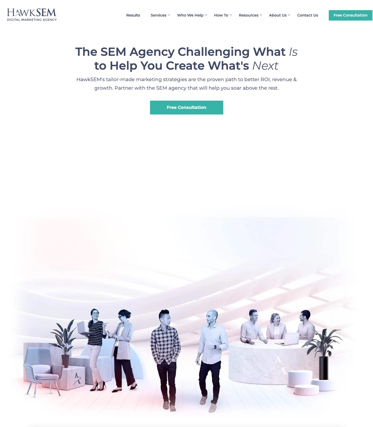 HawkSEM homepage with SaaS PPC agency positioning showing ConversionIQ platform and client logos