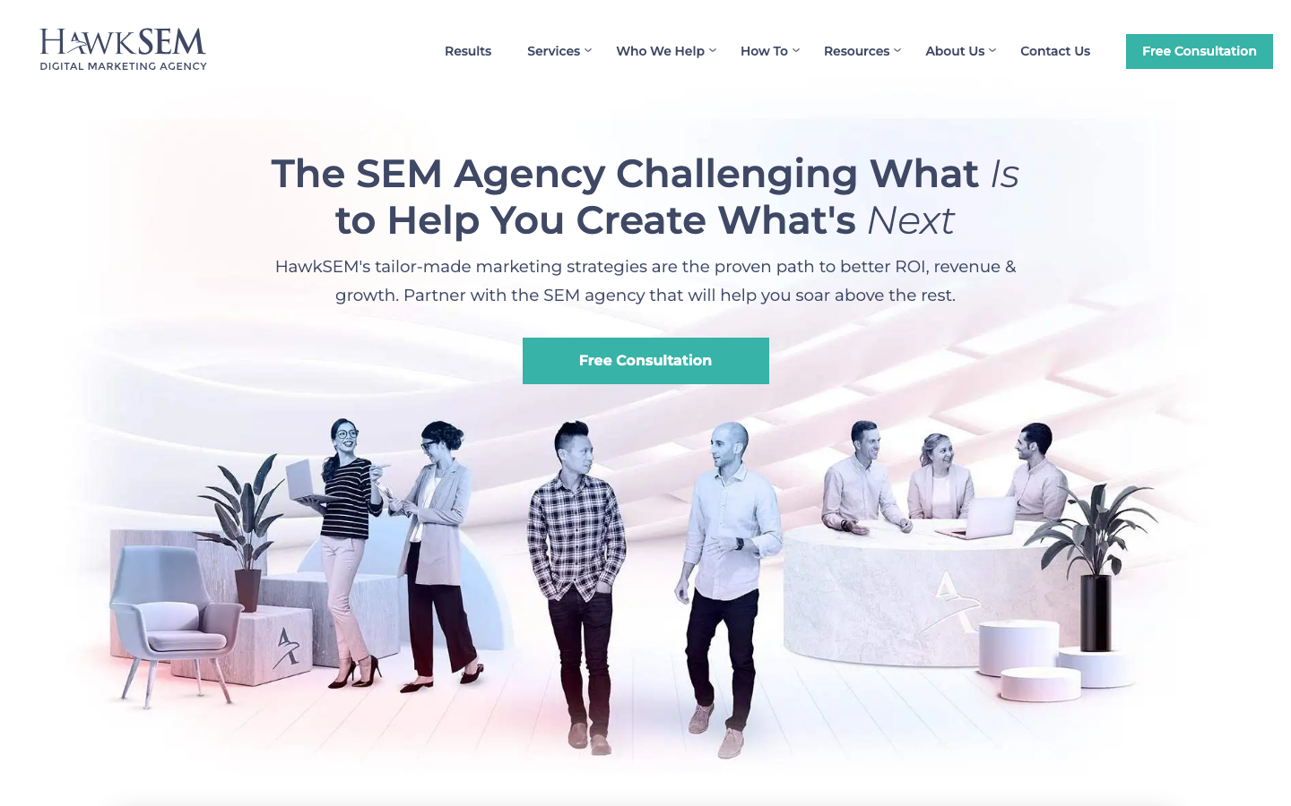 HawkSEM homepage with SaaS PPC agency positioning showing ConversionIQ platform and client logos including Microsoft and Salesforce