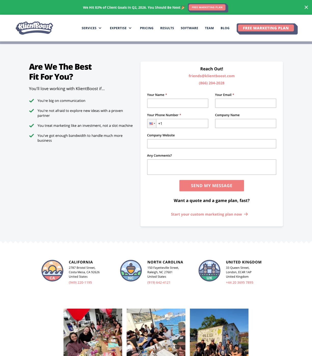 KlientBoost contact page with a free PPC audit request form