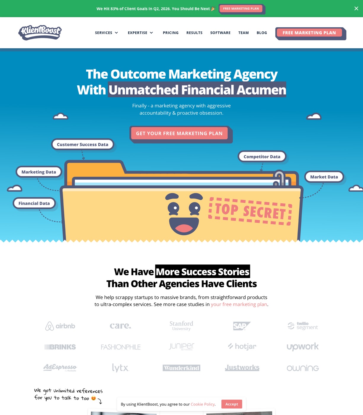 KlientBoost homepage showing PPC and CRO agency positioning with client case study results