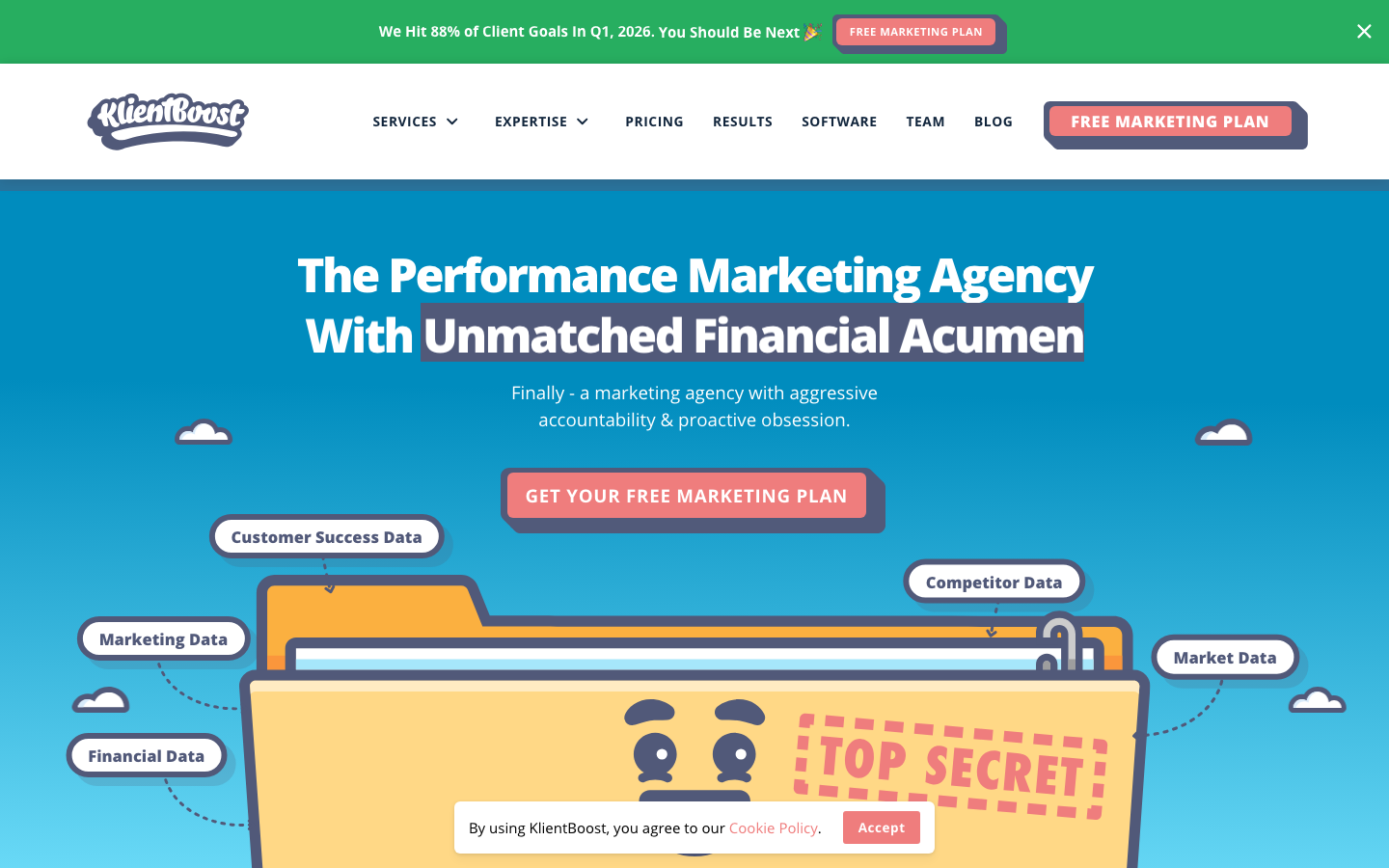 KlientBoost homepage showing PPC and CRO agency positioning with client case study results and Clutch top agency badge