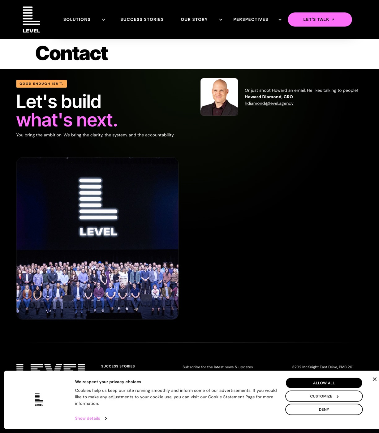 Level Agency contact page with a discovery call request form