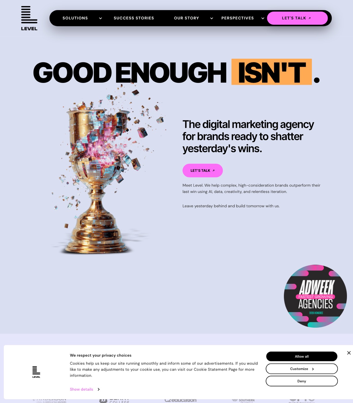 Level Agency homepage showing performance marketing agency with B2B and SaaS positioning