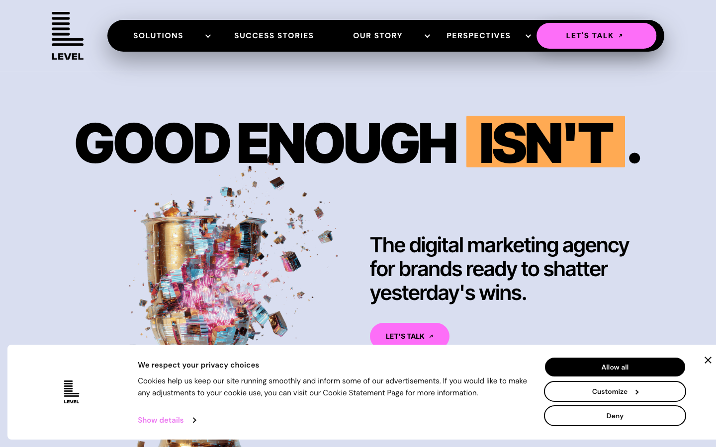 Level Agency homepage showing performance marketing agency with B2B and SaaS positioning and Pittsburgh PA headquarters
