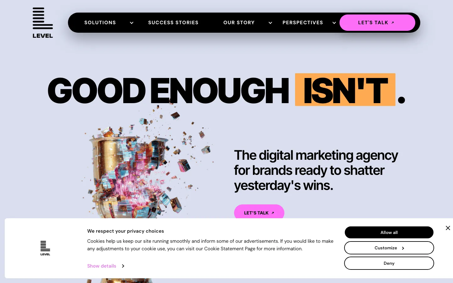 Level Agency homepage showing performance marketing agency with B2B and SaaS positioning and Pittsburgh PA headquarters