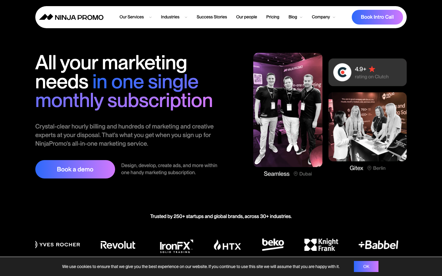 NinjaPromo homepage showing subscription-based digital marketing agency model with flexible pricing tiers and B2B SaaS client logos