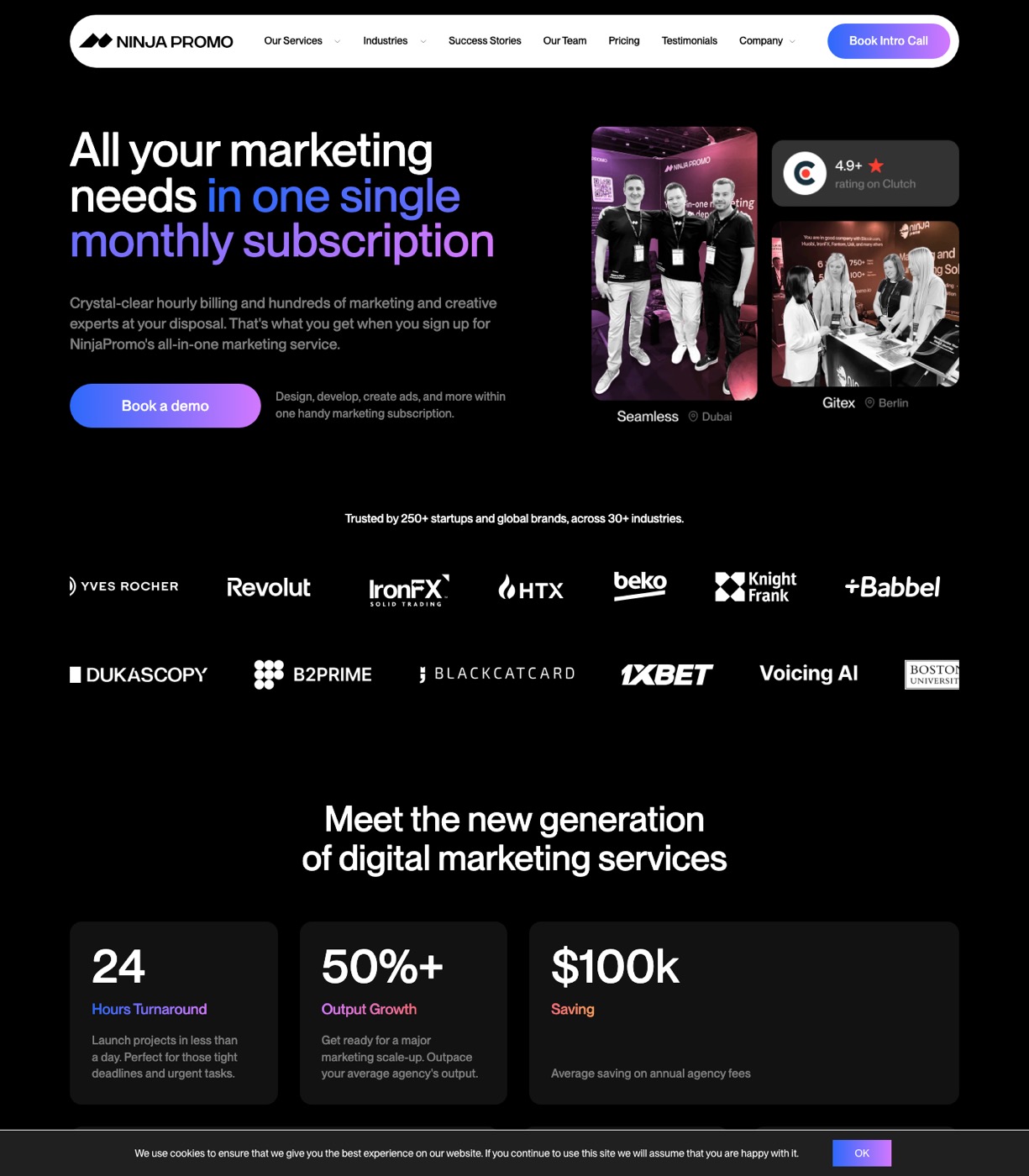 NinjaPromo homepage showing subscription-based digital marketing agency model with client logos