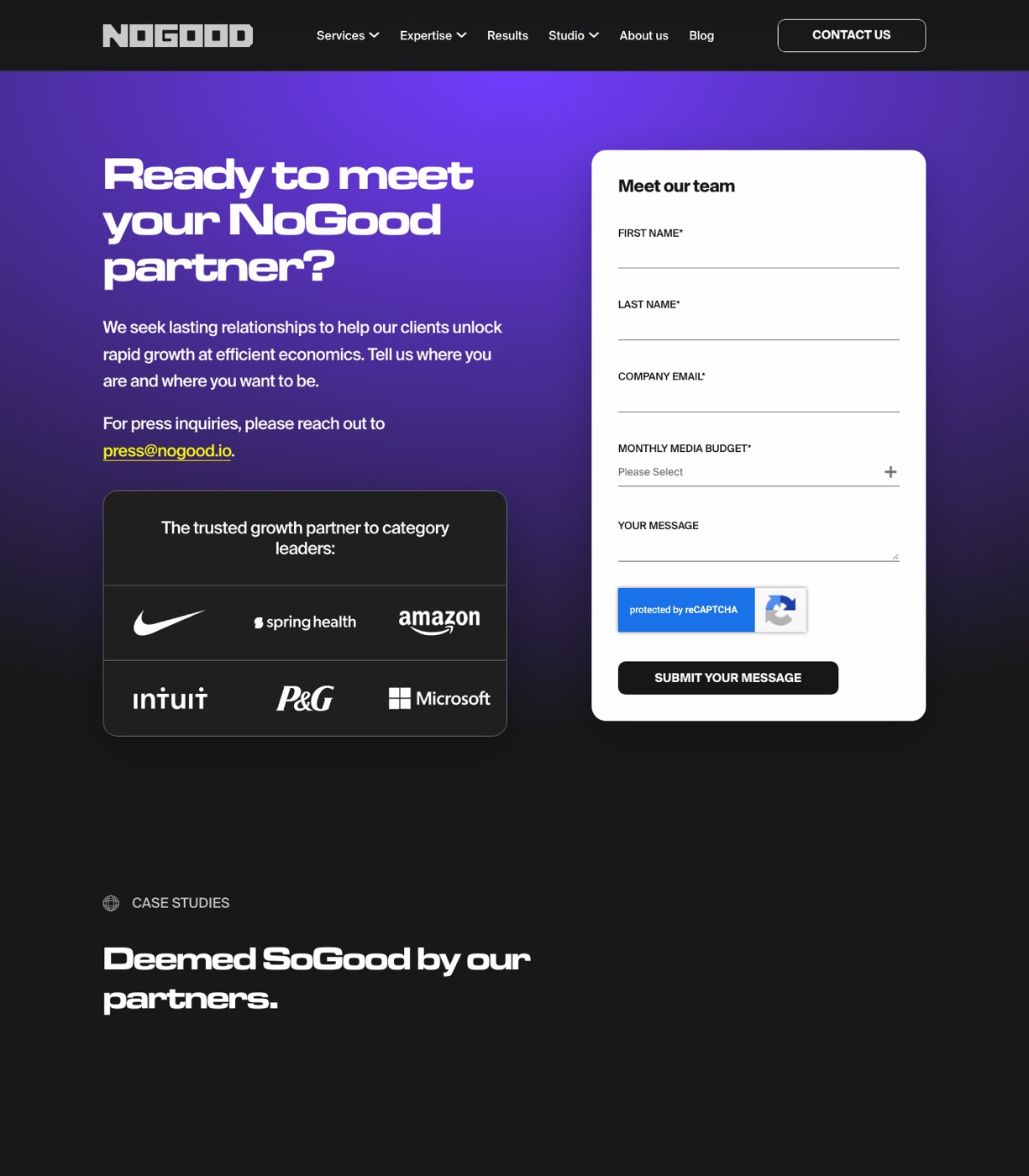 NoGood contact page with a strategy session request form
