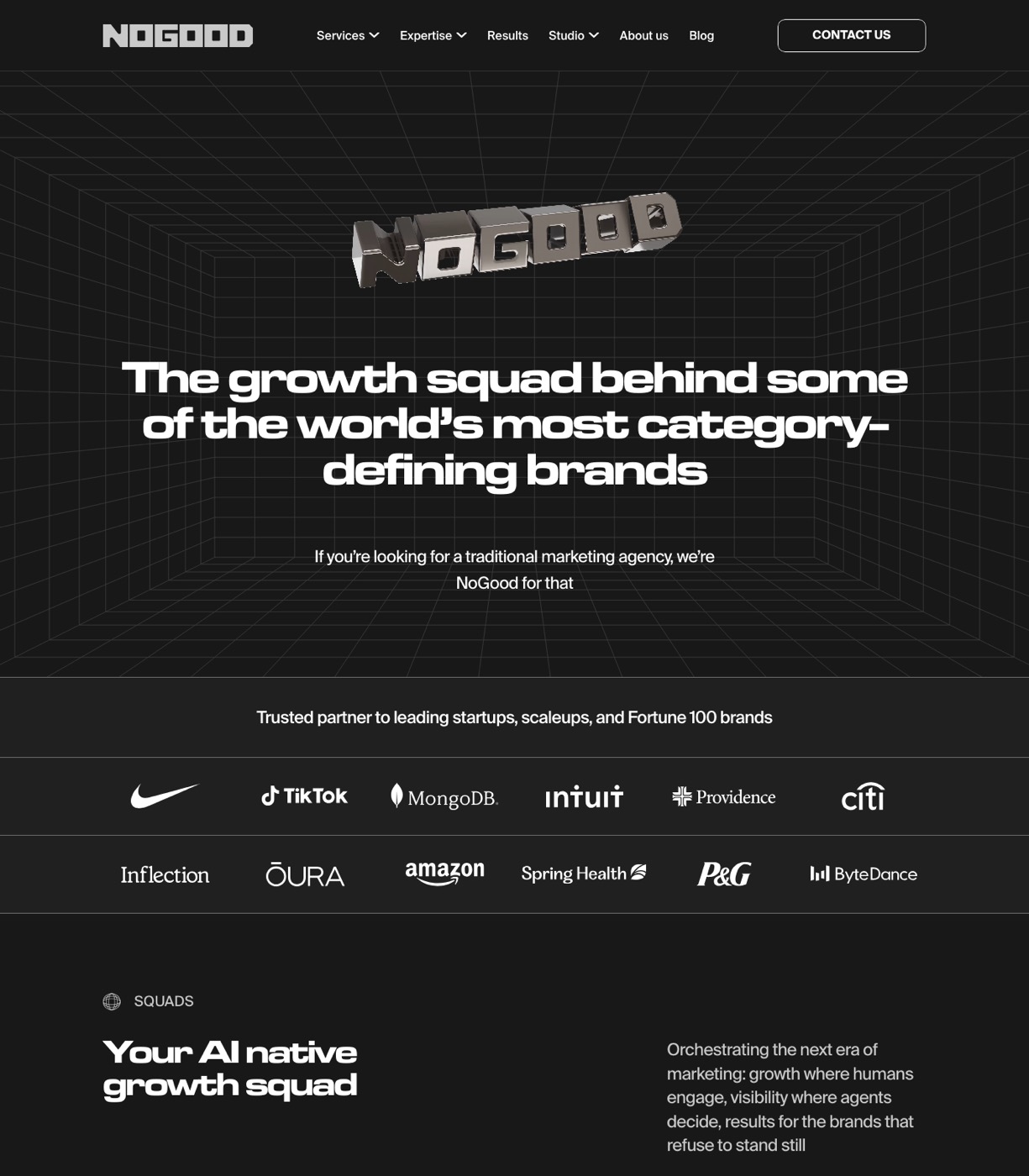 NoGood homepage showing growth marketing agency positioning with VC-backed client logos