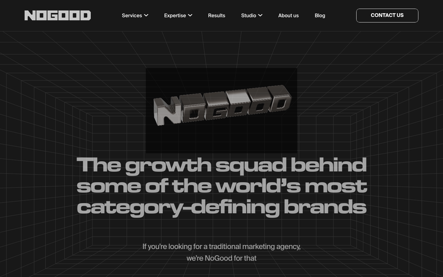 NoGood homepage showing growth marketing agency positioning with VC-backed client logos including MongoDB, Anthropic, TikTok and Spring Health