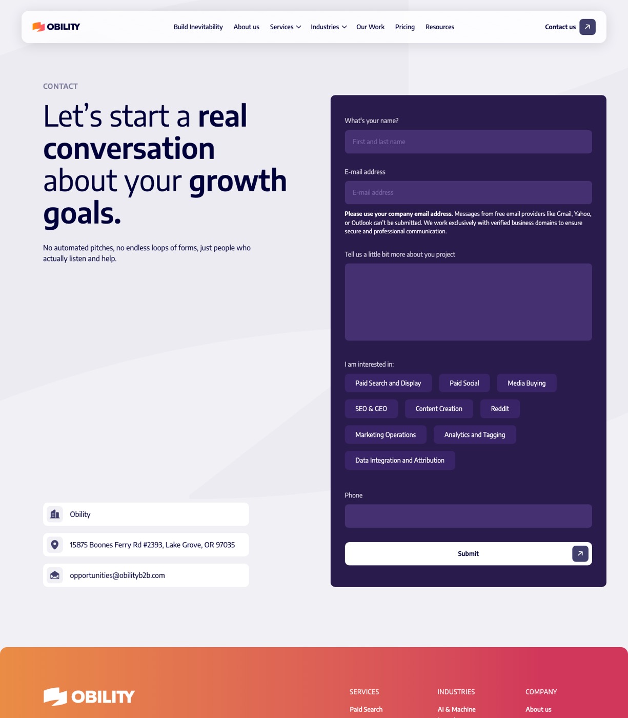 Obility contact page with a discovery call request form