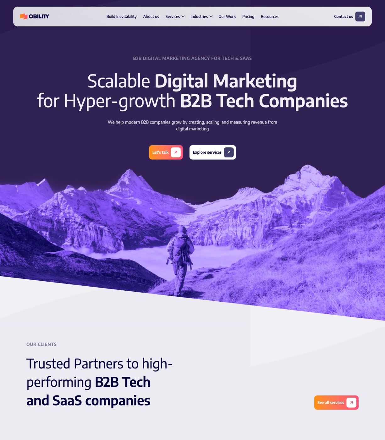Obility homepage showing B2B tech and SaaS PPC agency positioning with Portland OR location