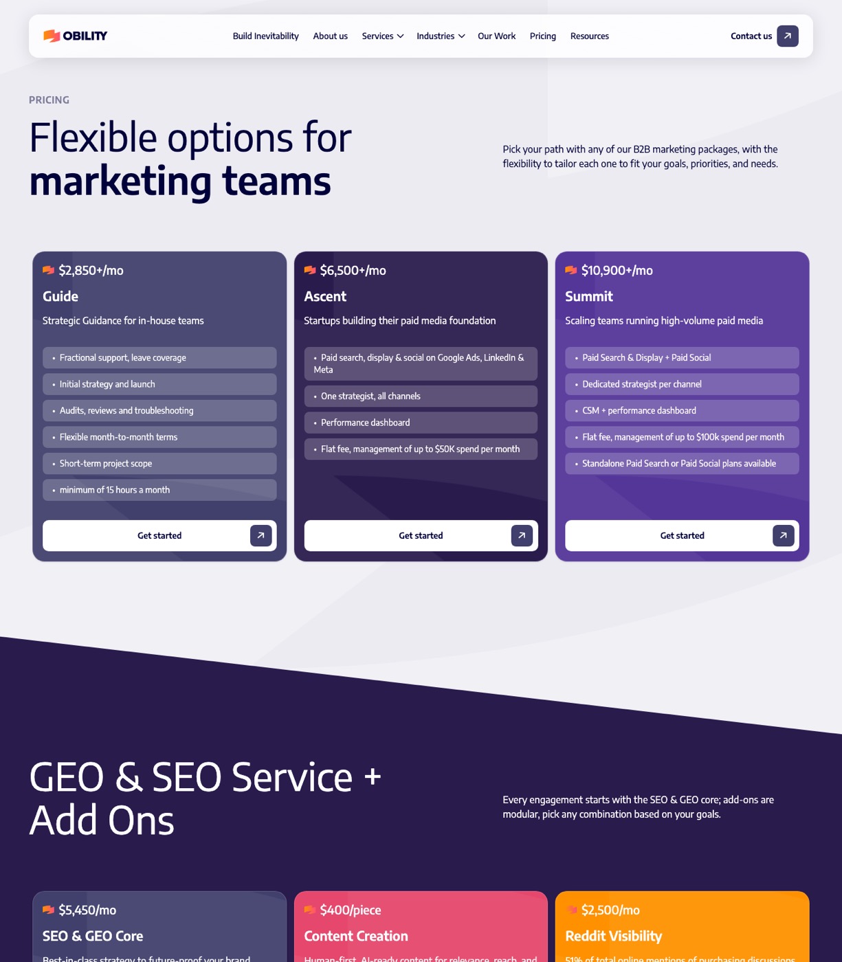 Obility pricing page showing Guide, Ascent and Summit paid media package tiers