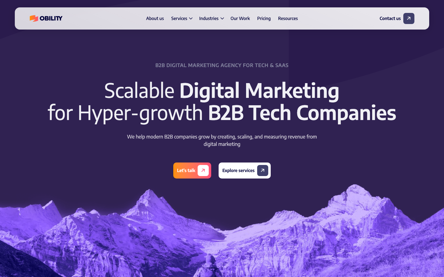 Obility homepage showing B2B tech and SaaS PPC agency positioning with Portland OR location and demand generation focus