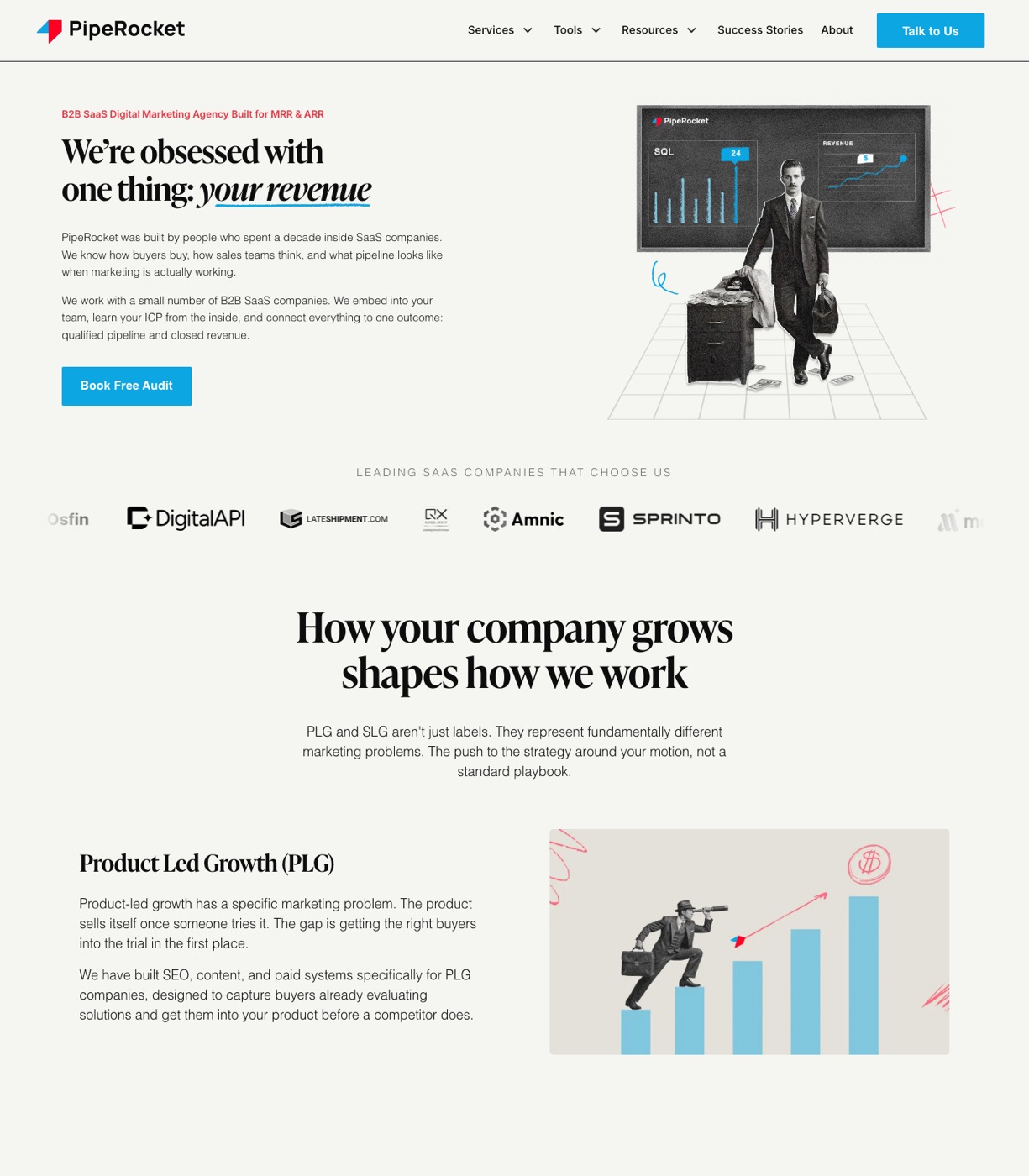 PipeRocket Digital homepage with "We are obsessed with one thing: your revenue" headline and SaaS client logos