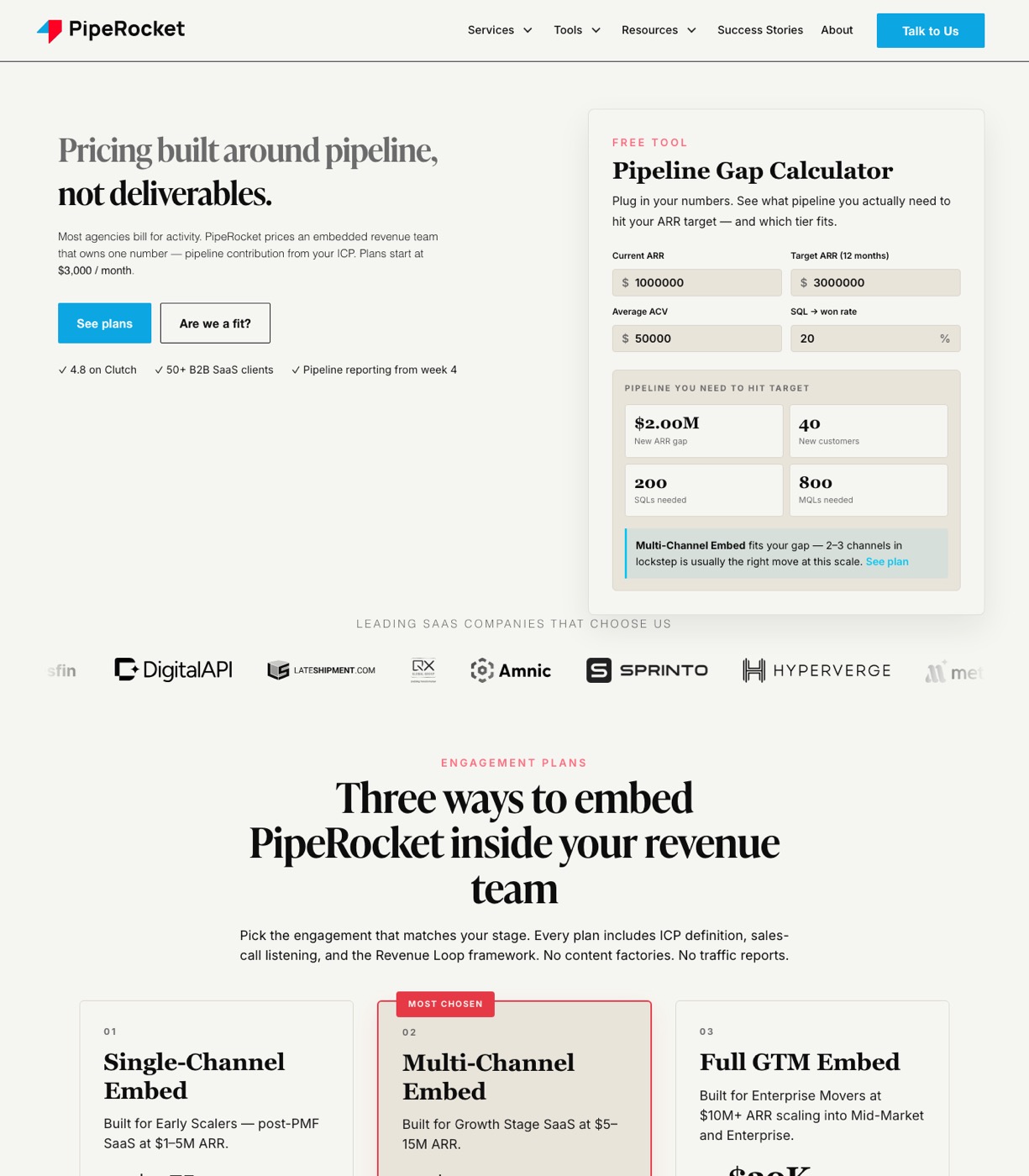 PipeRocket Digital pricing page showing project and retainer engagement options for B2B SaaS marketing