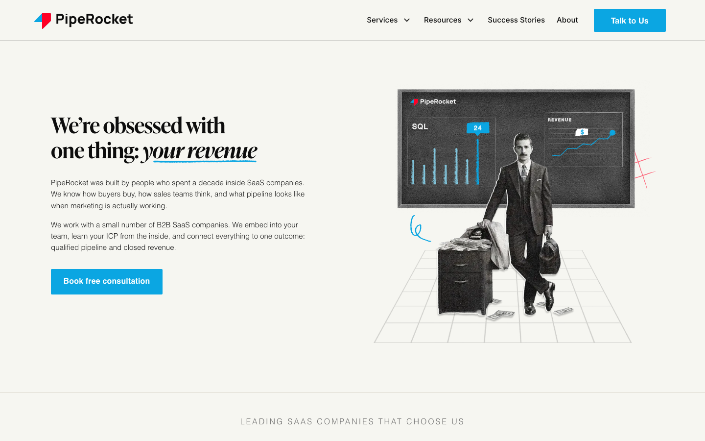 PipeRocket Digital homepage showing AI-first B2B SaaS marketing with a revenue and pipeline focus