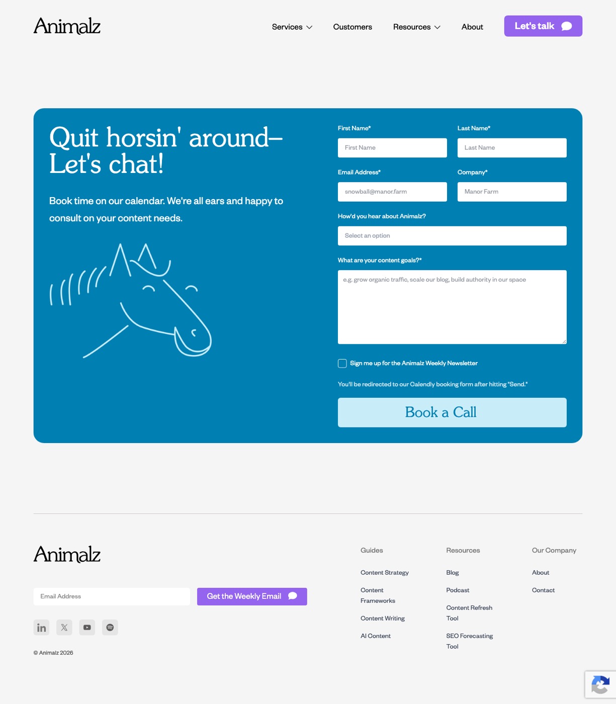 Animalz contact page with a discovery call request form