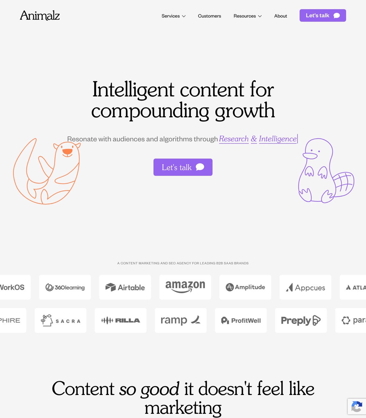 Animalz homepage showing intelligent content for compounding growth with B2B SaaS client logos