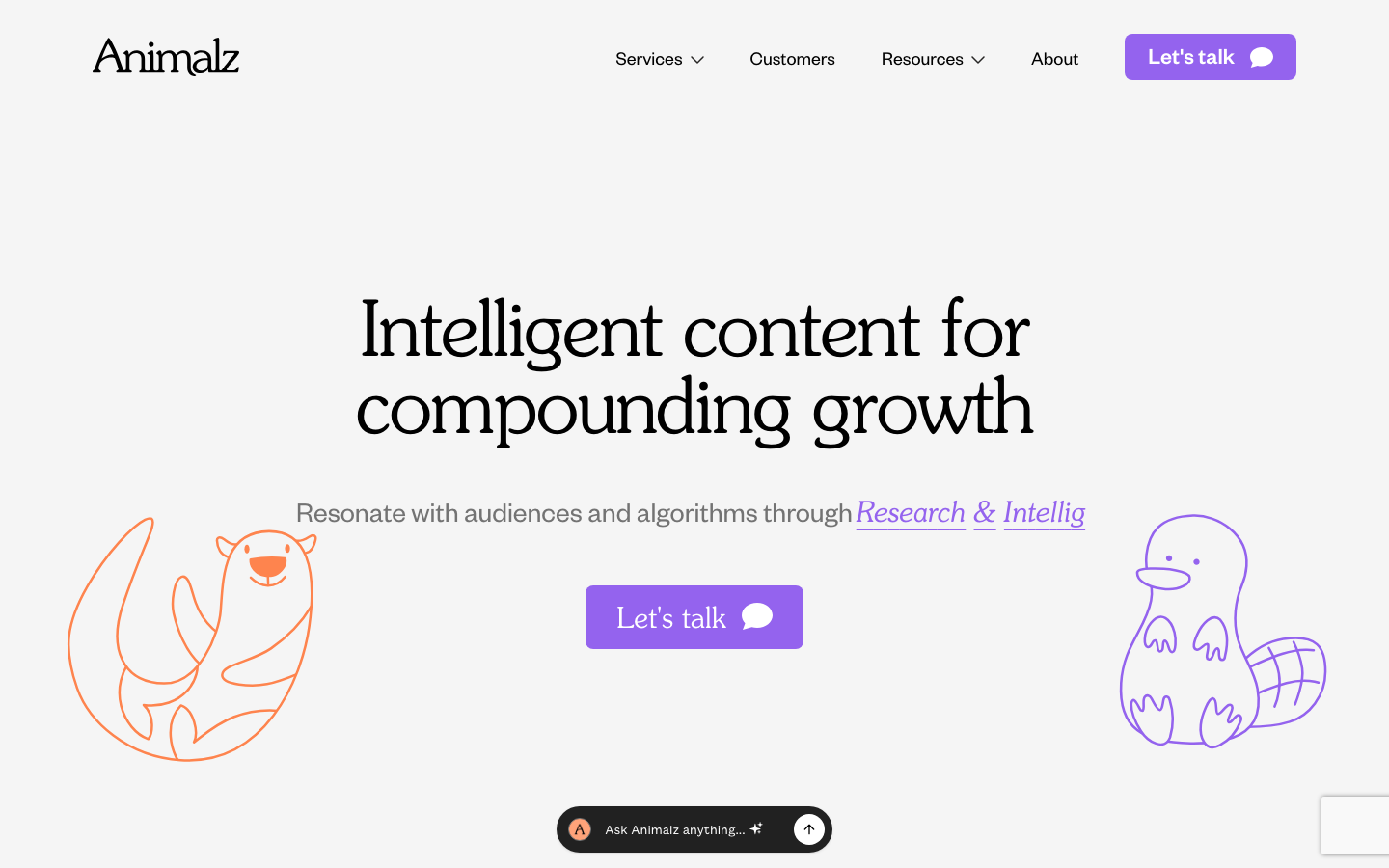 Animalz homepage showing intelligent content for compounding growth with B2B SaaS client logos