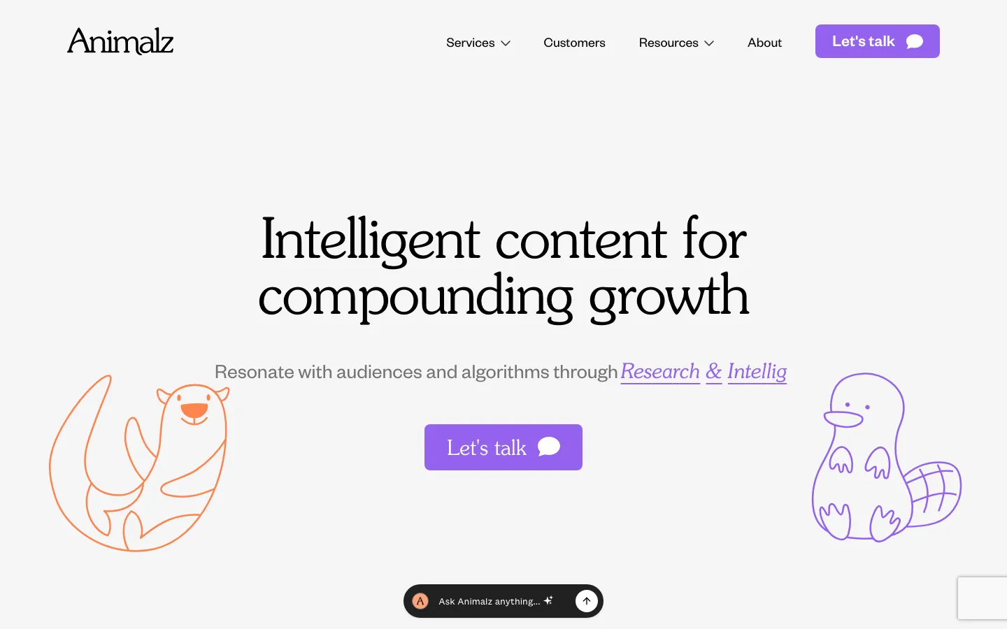 Animalz homepage showing intelligent content for compounding growth with B2B SaaS client logos