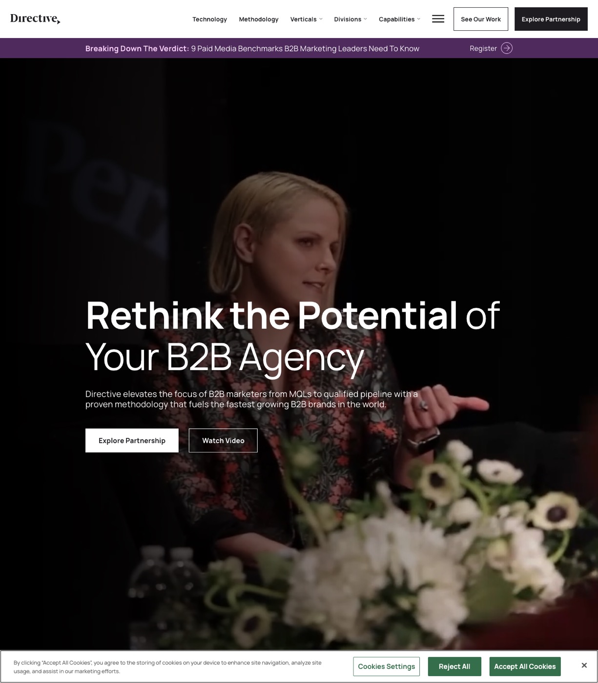Directive Consulting homepage showing B2B performance marketing positioning with named client logos