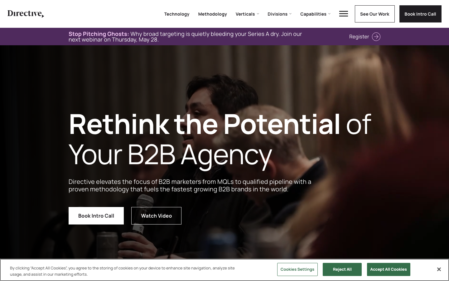 Directive Consulting homepage showing performance marketing for B2B SaaS with client logos including ZoomInfo and Gong