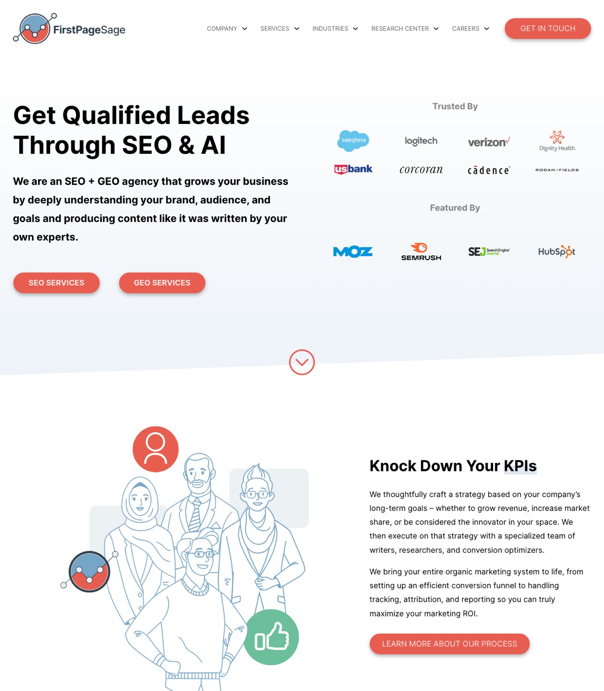 First Page Sage homepage showing thought leadership SEO for B2B companies with Salesforce and Microsoft in the client list