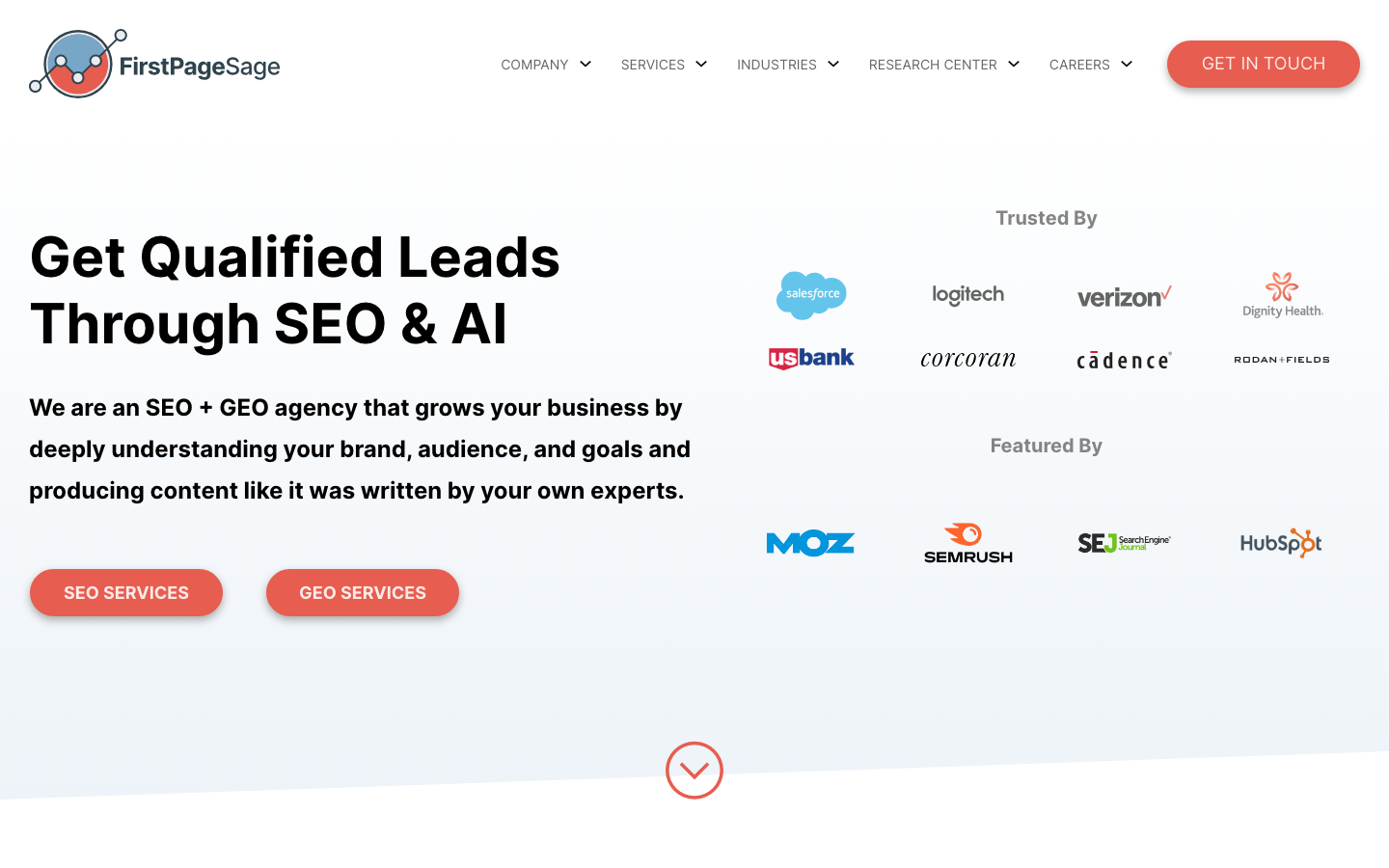 First Page Sage homepage showing thought leadership SEO for B2B companies with Salesforce and Microsoft in the client list