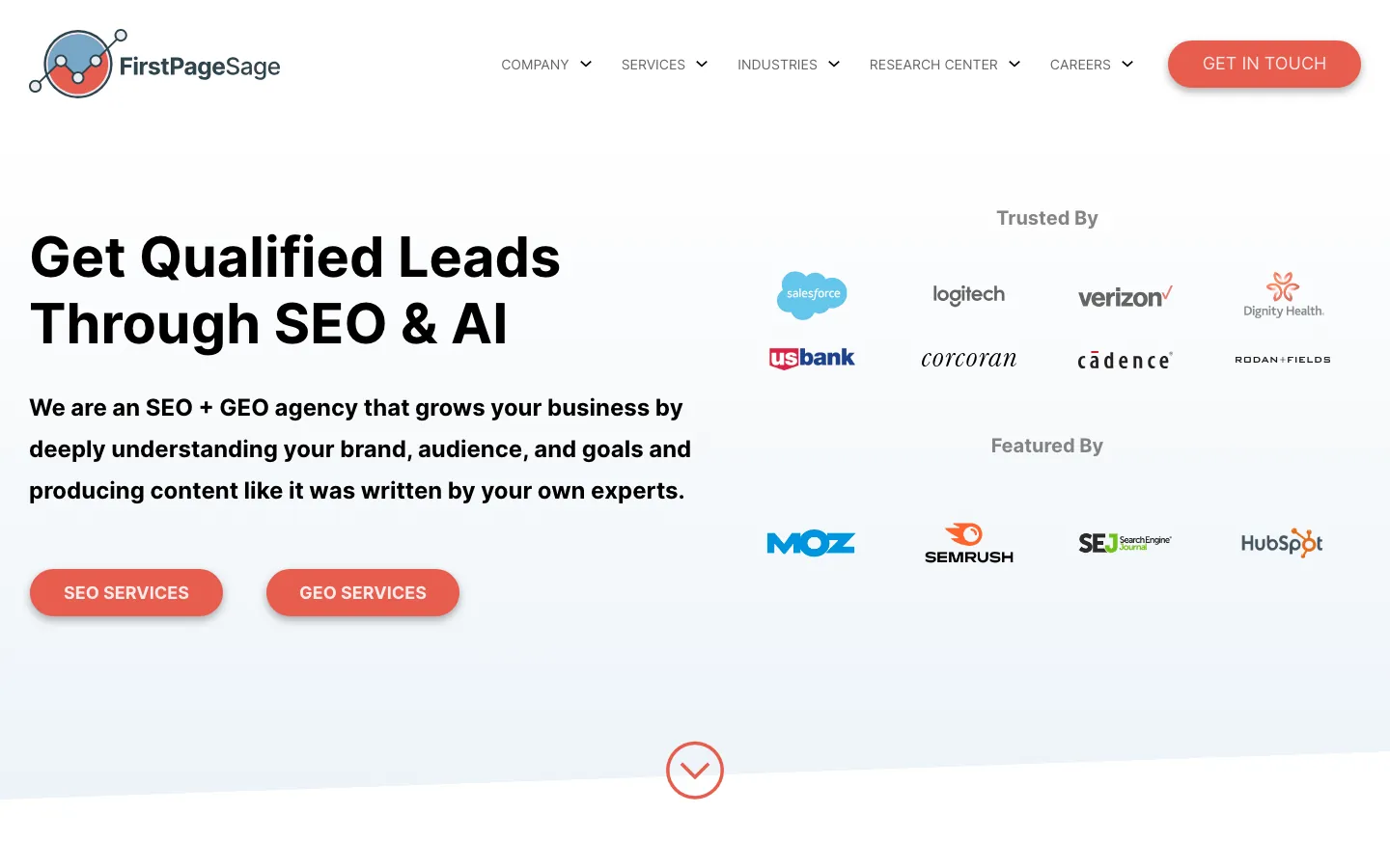 First Page Sage homepage showing thought leadership SEO for B2B companies with Salesforce and Microsoft in the client list