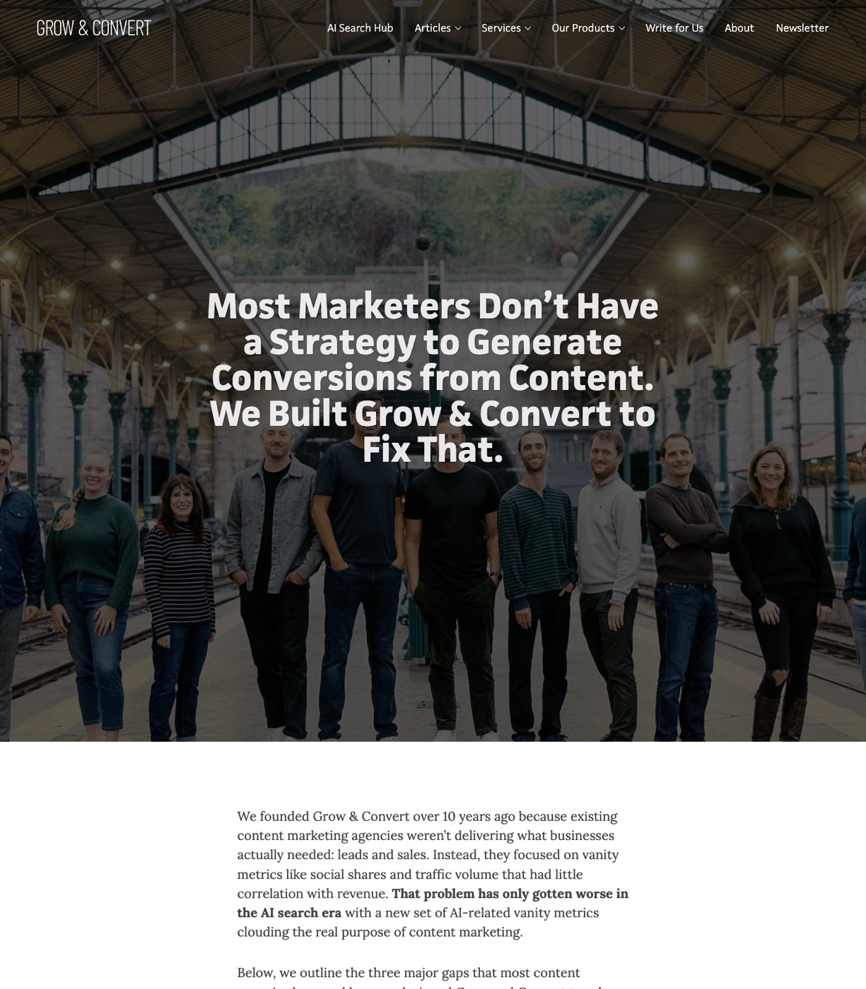Grow and Convert "learn more" intake page explaining how the agency works with new clients