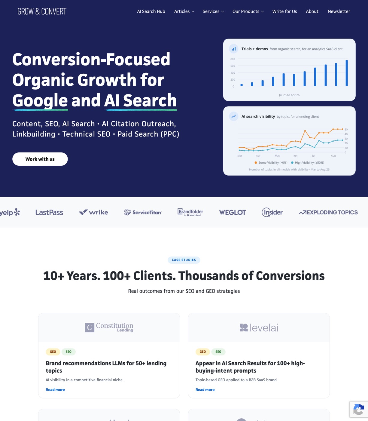 Grow and Convert homepage showing conversion-focused SEO and content marketing for B2B SaaS companies