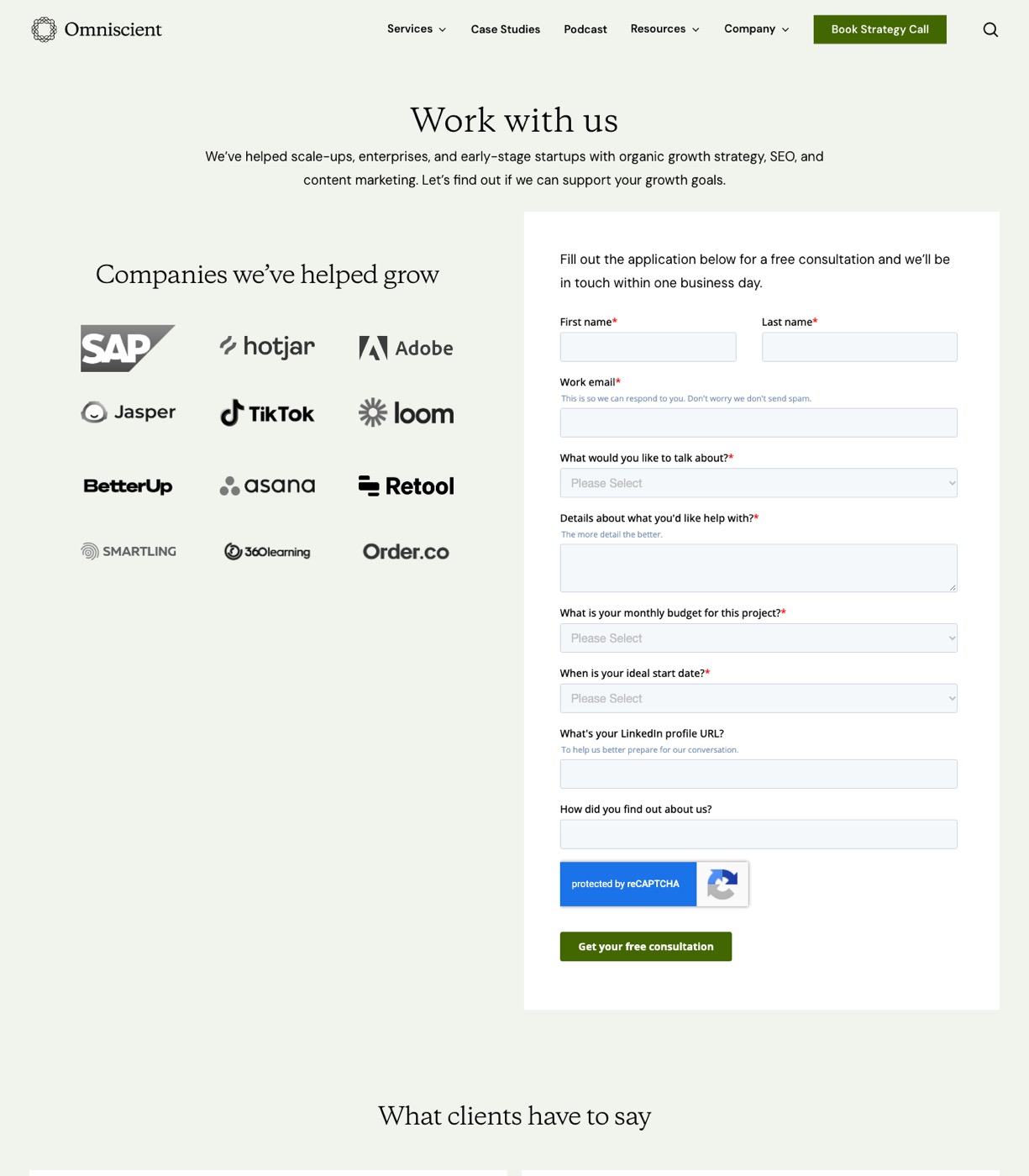 Omniscient Digital contact page with a scoping call request form