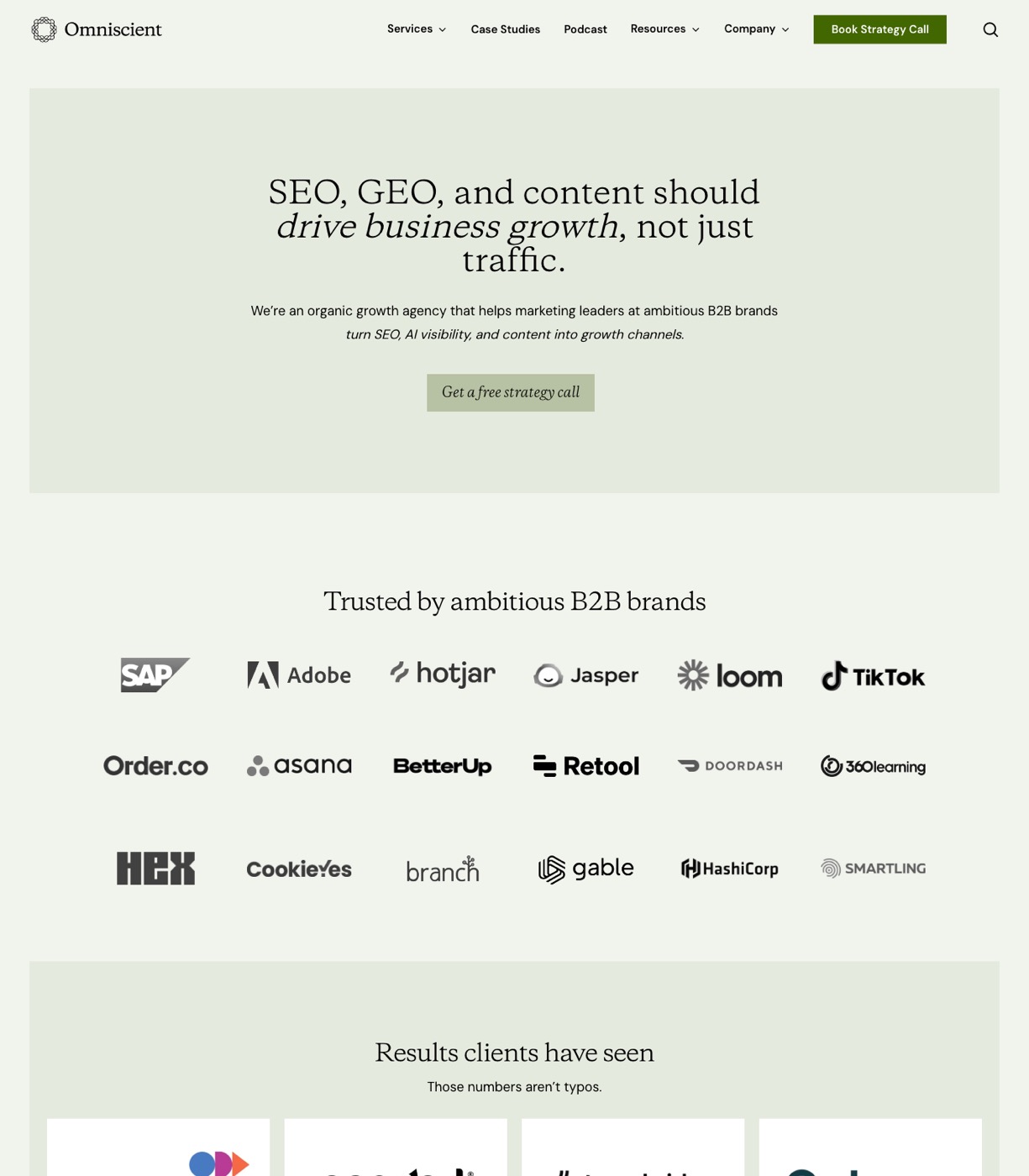 Omniscient Digital homepage showing organic growth services for B2B software companies with SEO and GEO positioning