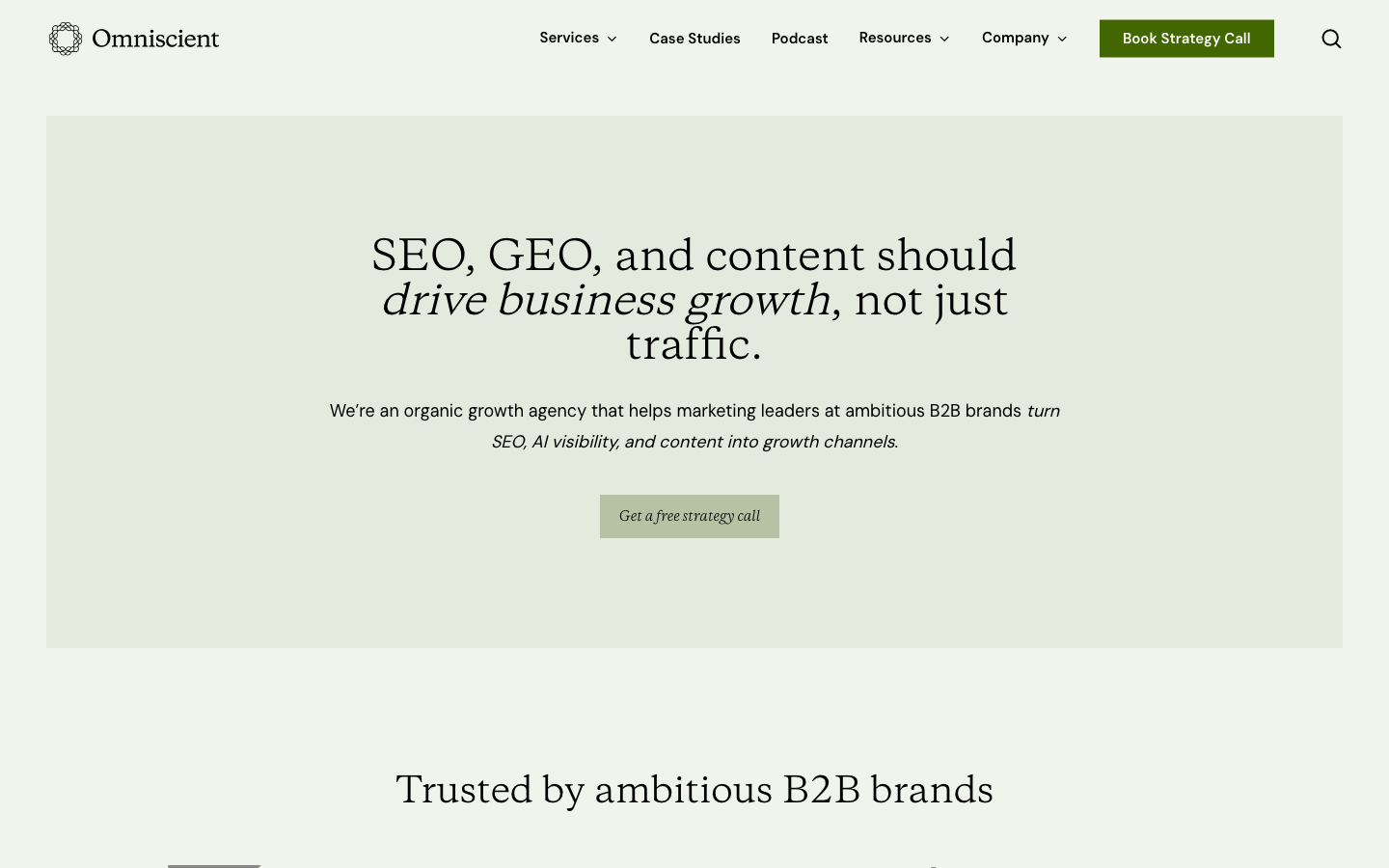 Omniscient Digital homepage showing organic growth services for B2B software companies with SEO and GEO positioning