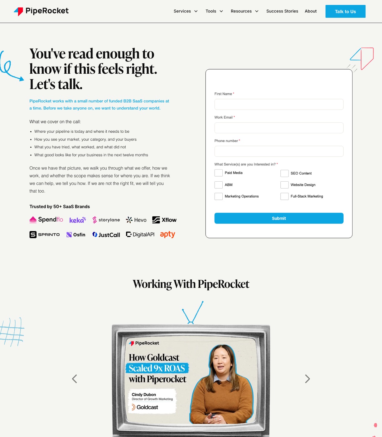PipeRocket Digital contact page with discovery call form fields for first name, work email, phone, and service interest