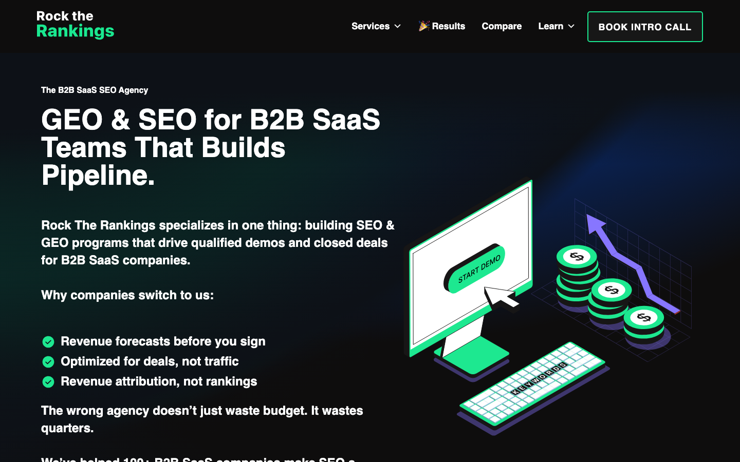 Rock The Rankings homepage showing SaaS and tech SEO services with 120-day sprint positioning and pipeline growth messaging