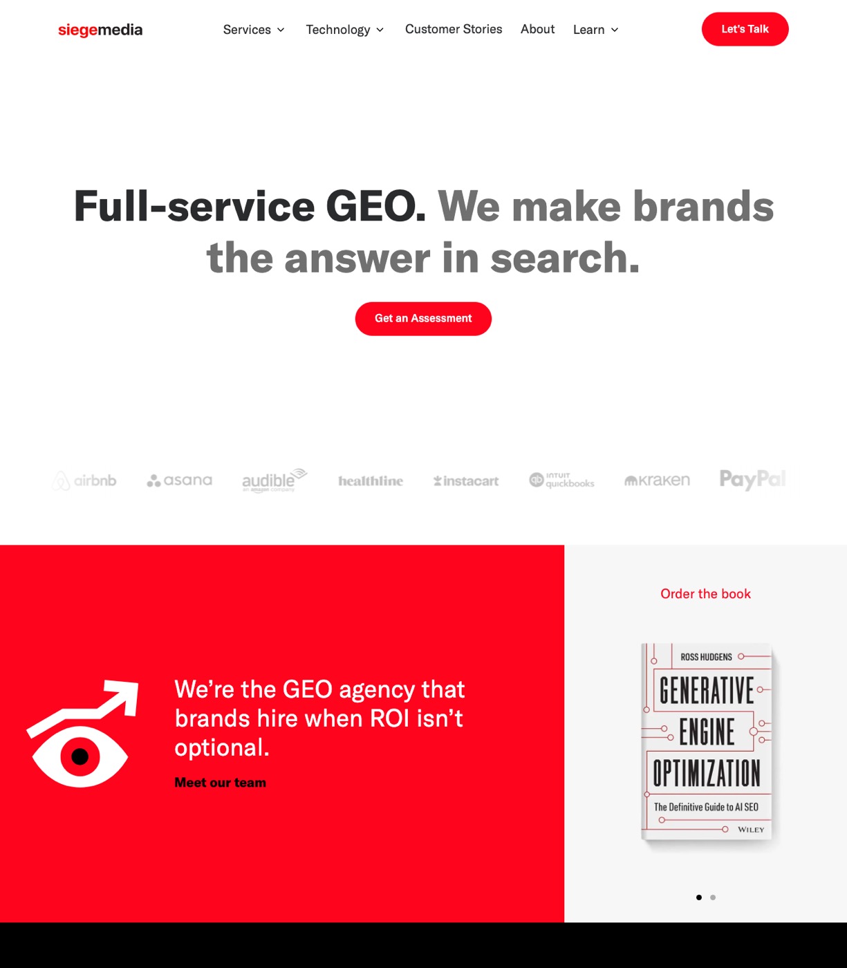 Siege Media homepage showing SaaS organic growth services with case study metrics and client logos