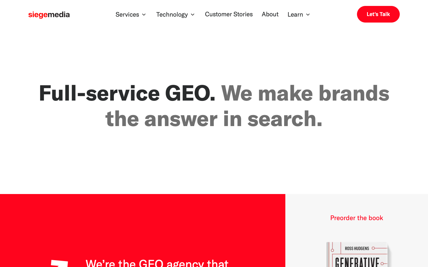 Siege Media homepage showing SaaS organic growth services with case study metrics and client logos