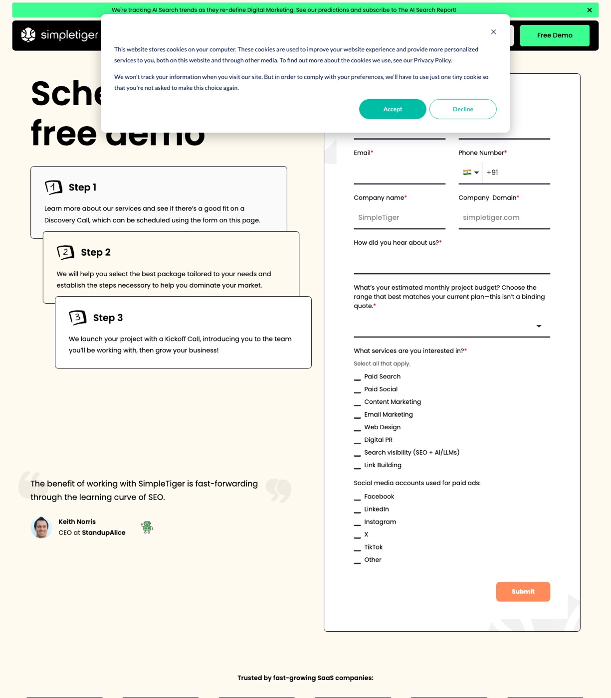 SimpleTiger contact and demo page with a discovery call booking form