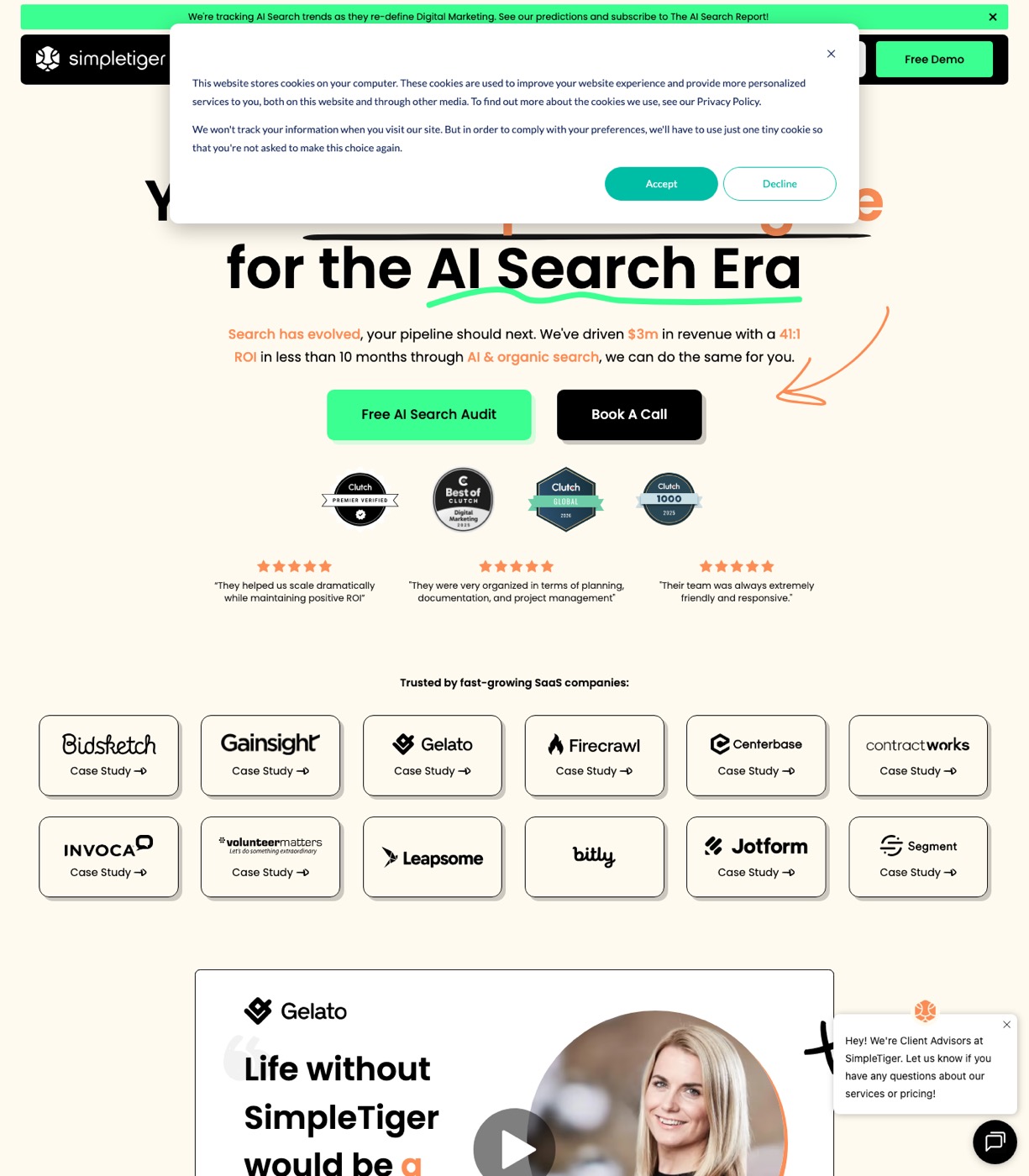 SimpleTiger homepage showing SaaS-exclusive marketing services with pipeline growth messaging and client logos