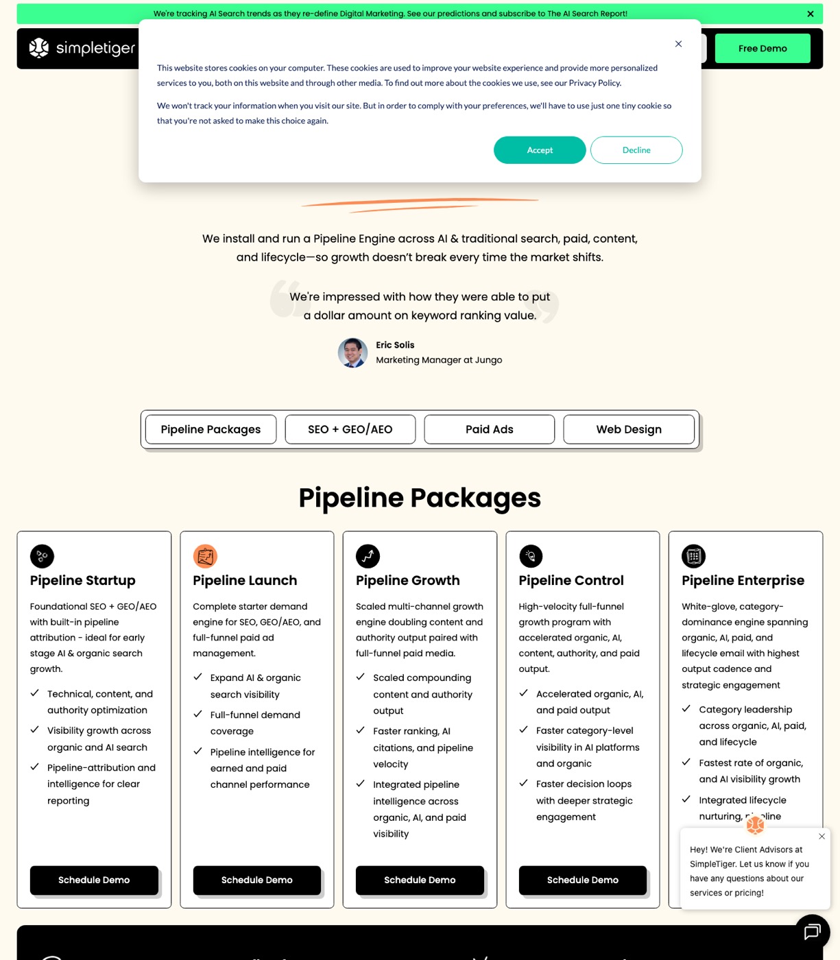 SimpleTiger pricing page showing Pipeline Launch, Pipeline Scale and Pipeline Control growth packages