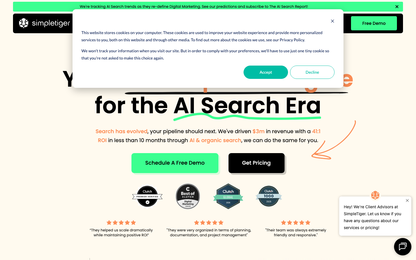 SimpleTiger homepage showing SaaS-exclusive marketing services with pipeline growth messaging and client logos