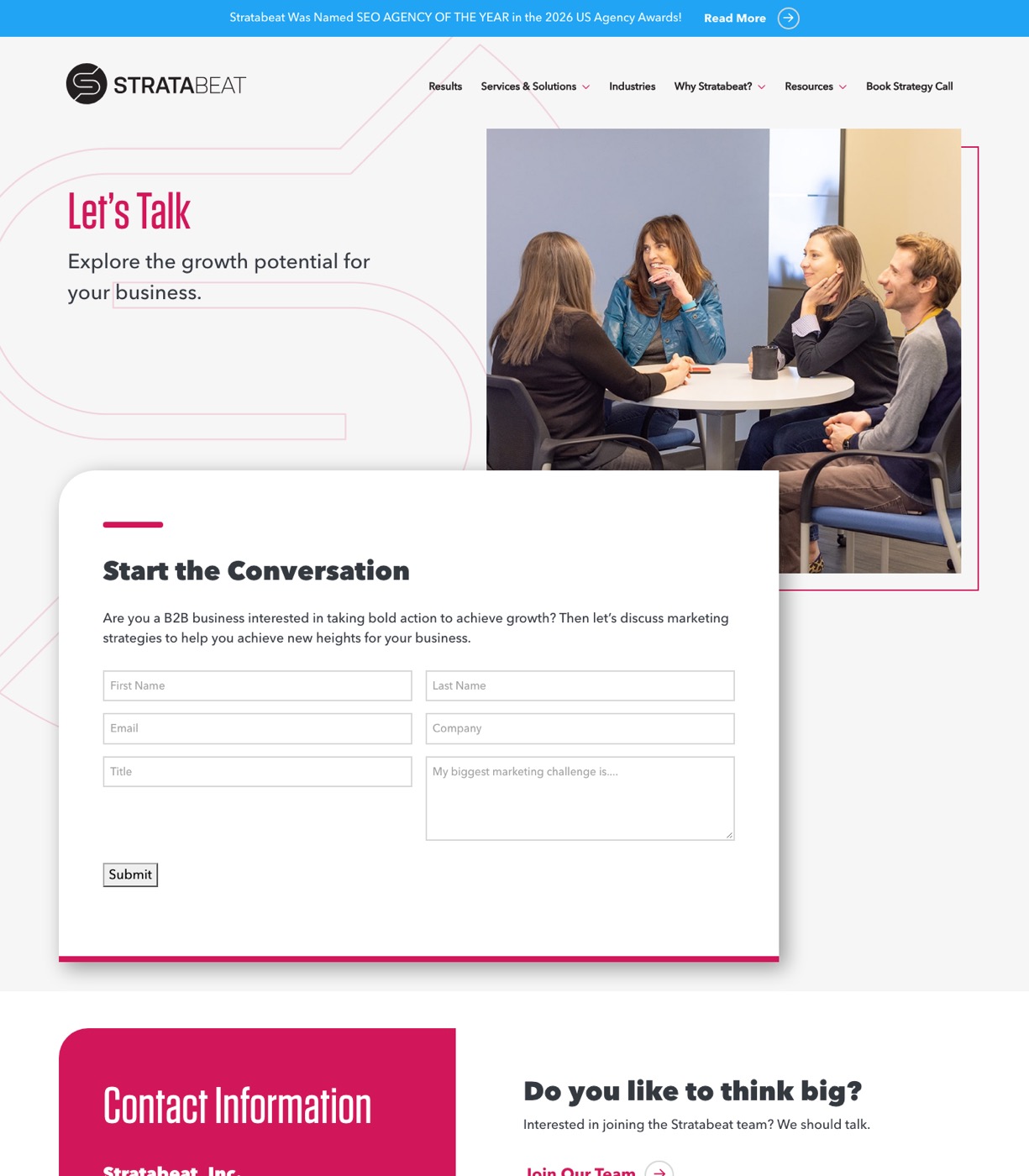 Stratabeat contact page with a Let's Talk lead form for B2B growth strategy discussions