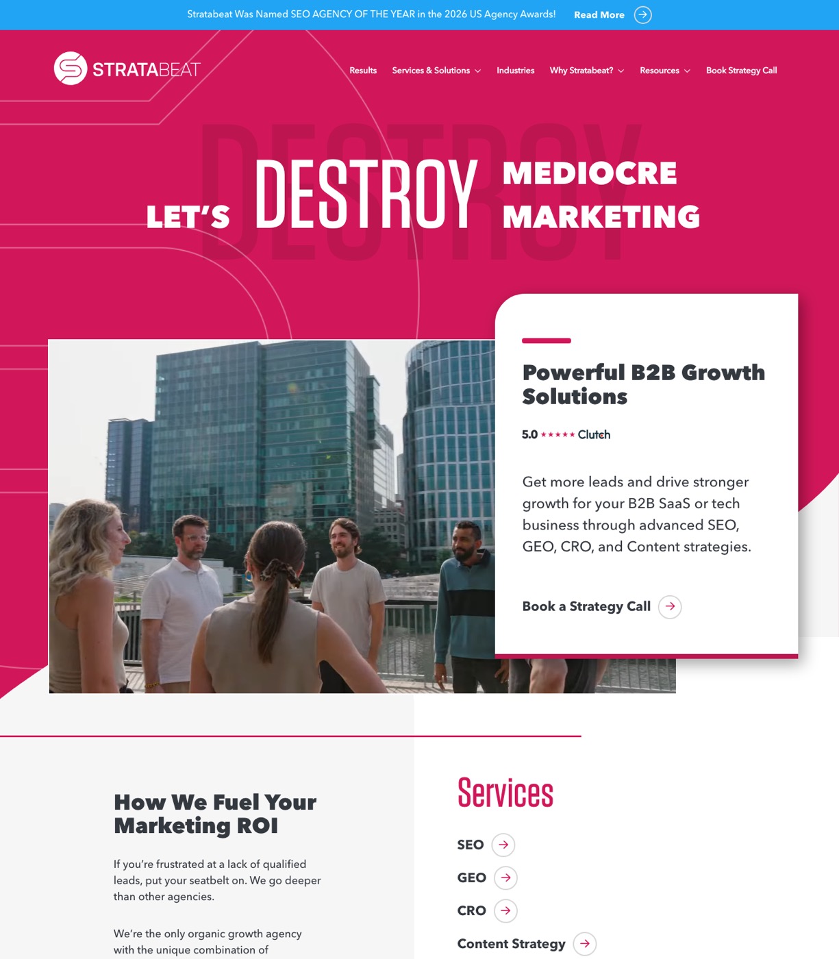 Stratabeat homepage showing award-winning B2B SEO and GEO services with pipeline focus and client logos