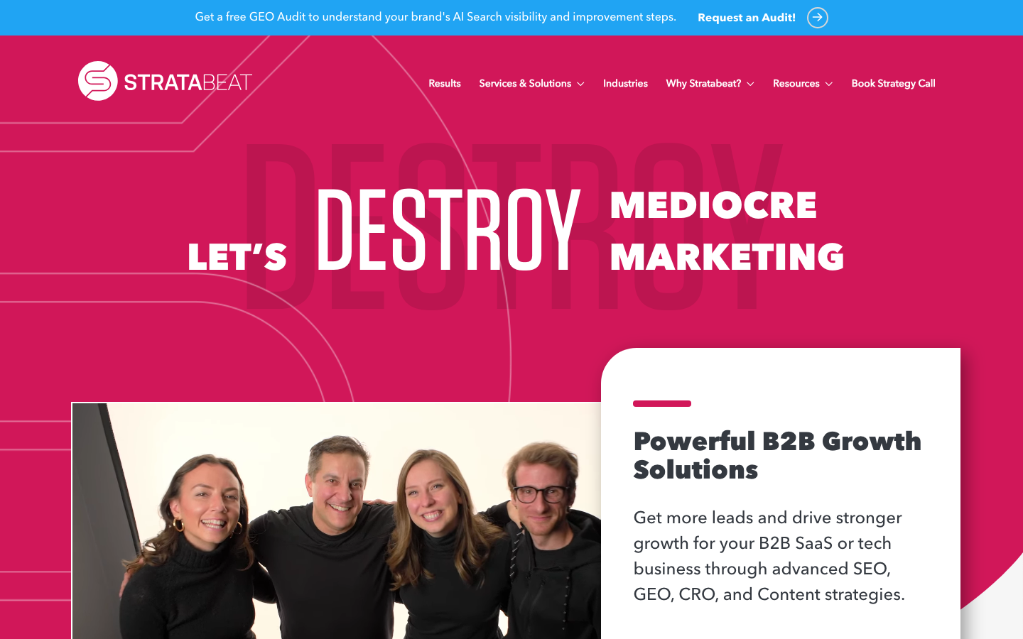 Stratabeat homepage showing award-winning B2B SEO and GEO services with pipeline focus and client logos