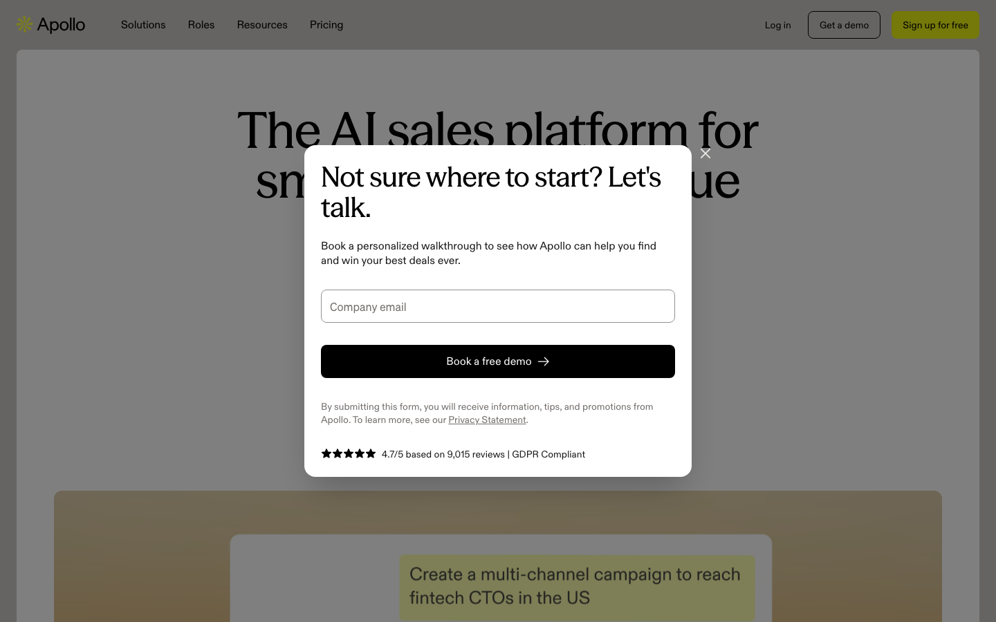 Apollo.io homepage showing AI sales platform headline with demo booking modal