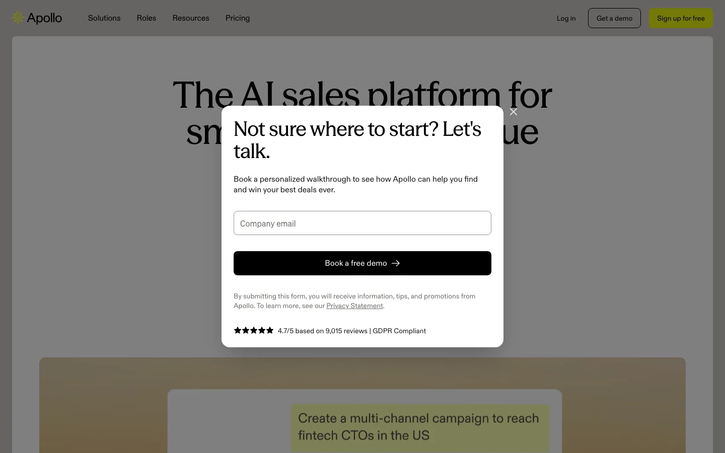 Apollo.io homepage showing AI sales platform headline with demo booking modal