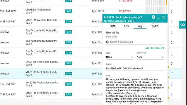 Groove flow execution view showing rep task queue with multi-step cadence steps, email drafts, and call tasks surfaced inside the Salesforce interface